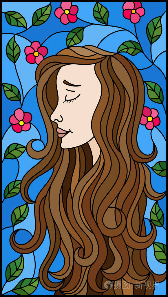 彩色玻璃风格画中的插图与一个棕色头发的女孩和树枝与花在蓝天背景下