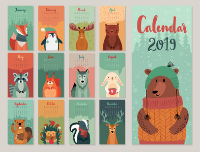日历2019。可爱的月历与动物。手绘样式字符。矢量插图