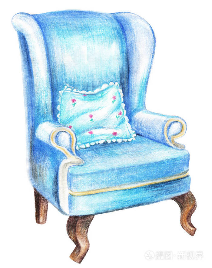 老式蓝色扶手椅与蓝色花卉枕头隔离在白色背景.水彩铅笔