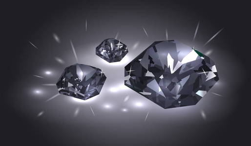 黑色背景上有三颗美丽的黑色钻石。矢量插图