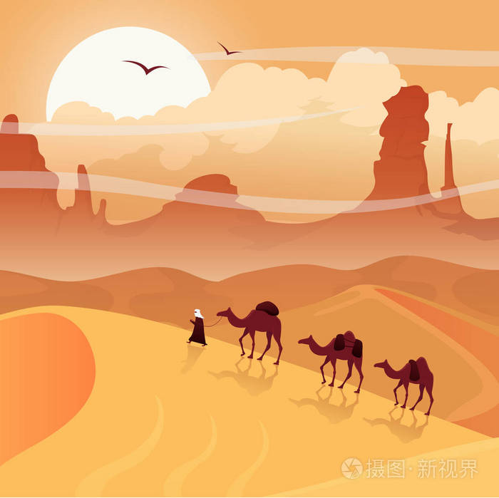 沙漠景观与骆驼大篷车撒哈拉插图