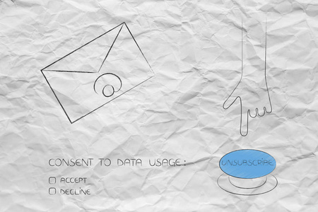 整理您的收件箱概念说明 电子邮件信封旁边的手推订阅按钮和数据使用同意