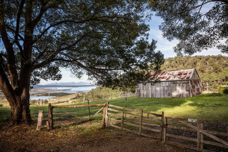 在背景下, Freycinet 国家公园, 塔斯马尼亚, 与科尔湾的看法棚子