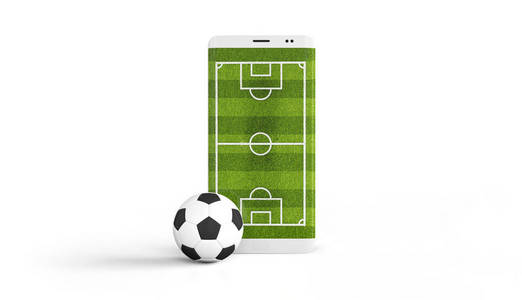 移动的足球。智能手机屏幕和球的足球场。网上机票销售的概念。3d 渲染