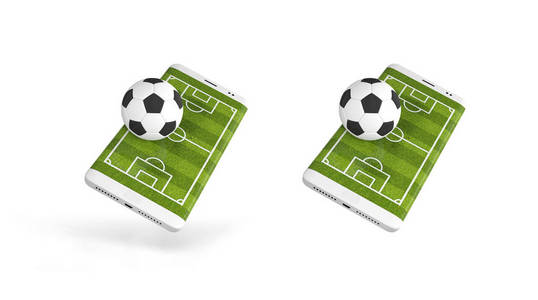 移动的足球。智能手机屏幕和球的足球场。网上机票销售的概念。3d 渲染