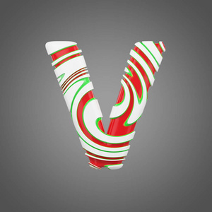 节日字母字母 V 大写。用薄荷糖手杖做成的圣诞字体。3d 渲染