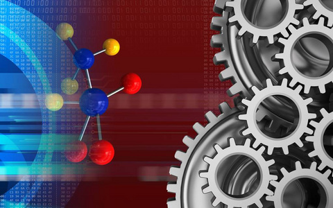 3d. 带齿轮的分子在红色背景下的图示