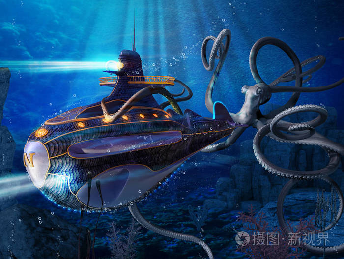 一只巨型乌贼袭击了尼莫船长的鹦鹉螺这是一幅来自凡尔