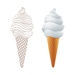 美味的香草冰淇淋在一个华夫饼杯。美味的冰淇淋与香草。矢量股票图像。线条图标艺术