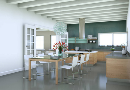 美丽的现代厨房与勾缝桌椅图片
