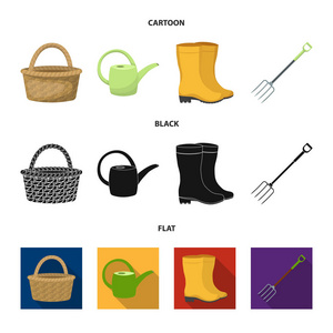 篮子柳条, 浇水可以灌溉, 橡胶靴, 叉子。农场和园艺集合图标在卡通, 黑色, 平面式矢量符号股票插画网站