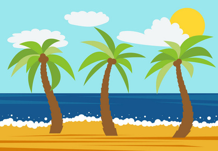 动画片自然风景与三棕榈在夏天海滩。矢量插图