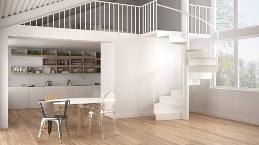 简约的白色厨房与夹层和现代螺旋楼梯, 阁楼与卧室, 概念室内设计背景, 建筑师设计理念