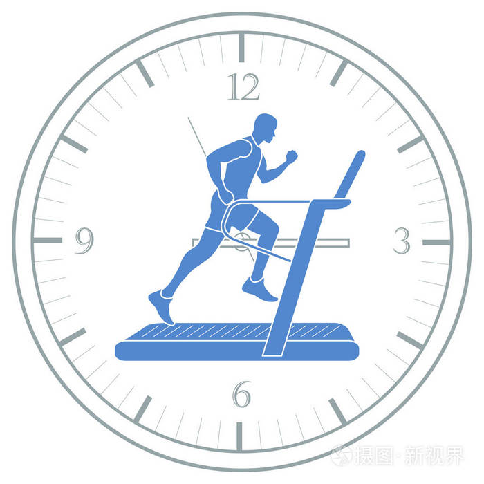 在跑步机和钟表上慢跑的人.健康的生活方式和体力活动