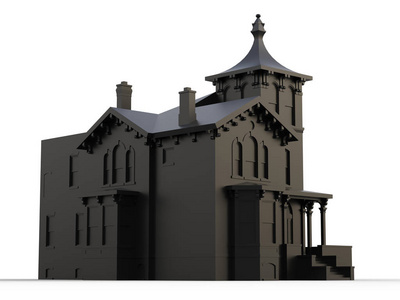 维多利亚风格的黑色老房子。在白色背景上的插图。物种从不同的侧面。3d 渲染