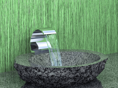 带流水和石水槽的浴室水龙头, 绿色的草背景。3d 渲染