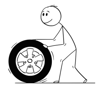 男子滚动汽车车轮和轮胎卡通