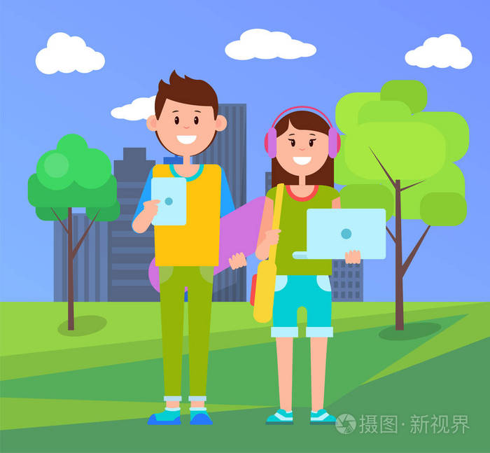 青少年笔记本电脑海报矢量插图