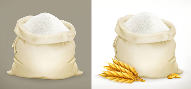 一袋面粉和小麦.3d 矢量图标照片