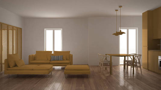 现代清洁客厅, 厨房和餐桌, 沙发, 脚凳和贵妃椅, 最低的白色和黄色的室内设计