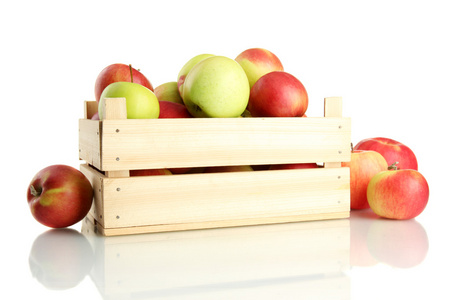 多汁的苹果在木箱，孤立在白色