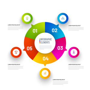 5个不同级别, 彩色饼图图表业务布局和成功概念的元素