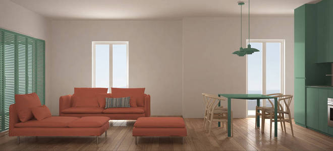简约的斯堪的纳维亚起居室, 配备厨房和餐桌沙发脚凳和贵妃椅全景窗当代橙色和绿色室内设计