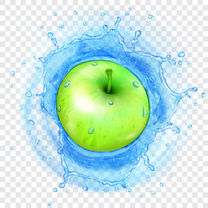 绿色的苹果落入透明的淡蓝色水中, 呈半透明的飞溅。仅在矢量格式中透明