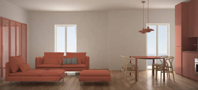 简约的斯堪的纳维亚客厅与厨房和餐桌, 沙发, 脚凳和贵妃椅, 全景窗口, 当代白色和橙色室内设计