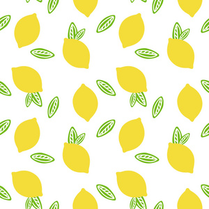 果柠檬与绿叶柑橘夏季白色背景图案无缝矢量