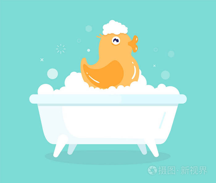 可爱的卡通黄色鸭在浴缸与肥皂泡沫橡胶玩具享受卫生时间矢量设计