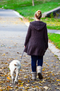 女孩走路狗在公园