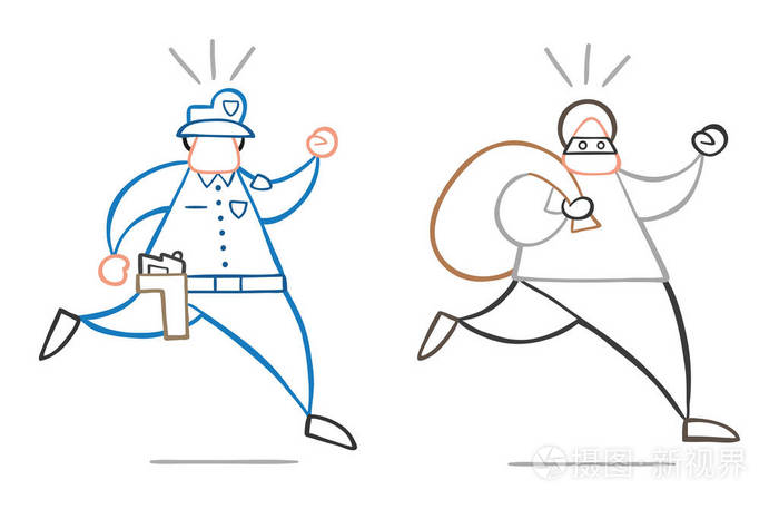 矢量插画卡通小偷脸上戴着面具逃离警察和背着麻袋
