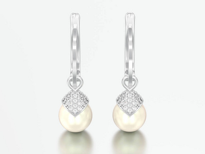 3d 插图白色金色或银色珍珠钻石耳环与铰链锁在白色背景上
