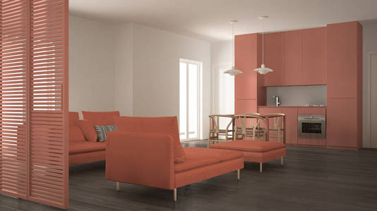 现代洁净客厅与厨房和餐桌, 沙发, 脚凳和贵妃椅, 最小的灰色和橙色室内设计