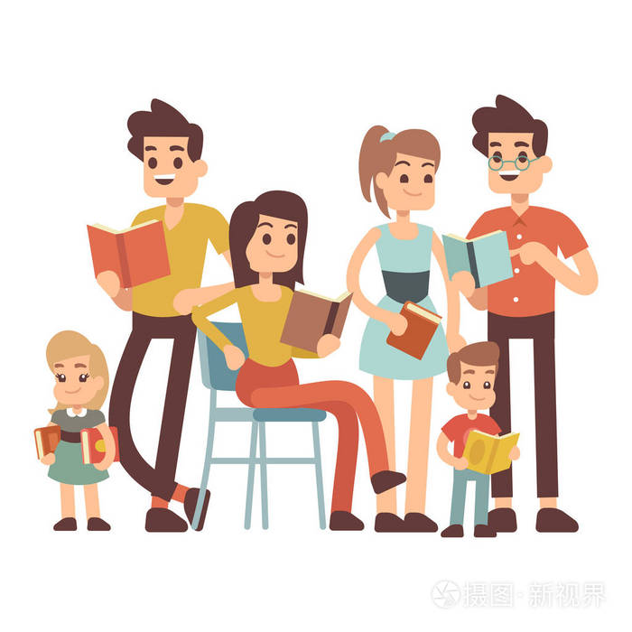 卡通人物儿童和成人与书籍隔离的白色背景