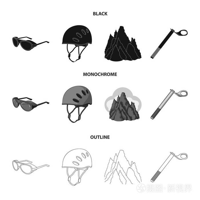 头盔, 护目镜, 楔形安全, 云中的山峰。登山集合图标黑色, 单色, 轮廓样式矢量符号股票插画网站