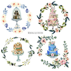 水彩节日婚礼蛋糕与粉红色 flowersand 桉树树枝花花圈插图收集, 婚礼卡设计, 邀请卡, 手绘白色背景