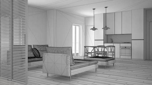 现代洁净客厅的未完成项目与厨房和餐桌, 沙发, 脚凳和贵妃椅, 最小的室内设计