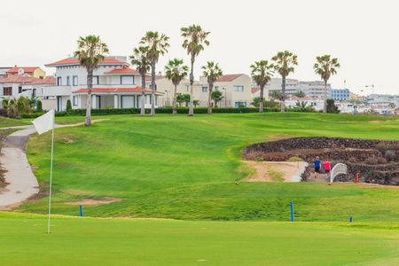 沿着岩石海岸线的高尔夫球场。特内里费岛, 西班牙