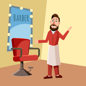 美发师, 造型师, 扶手椅, 镜子, 卡通风格, 矢量插画照片