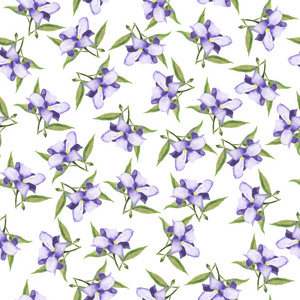 白色背景的紫色 bellflowers 和绿色叶子的无缝图案。手绘水彩插图