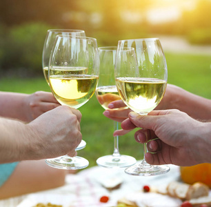 夏日野餐用白葡萄酒。户外聚会或庆典