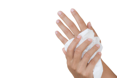 妇女清洁她的手与组织隔离在白色背景。医疗保健理念