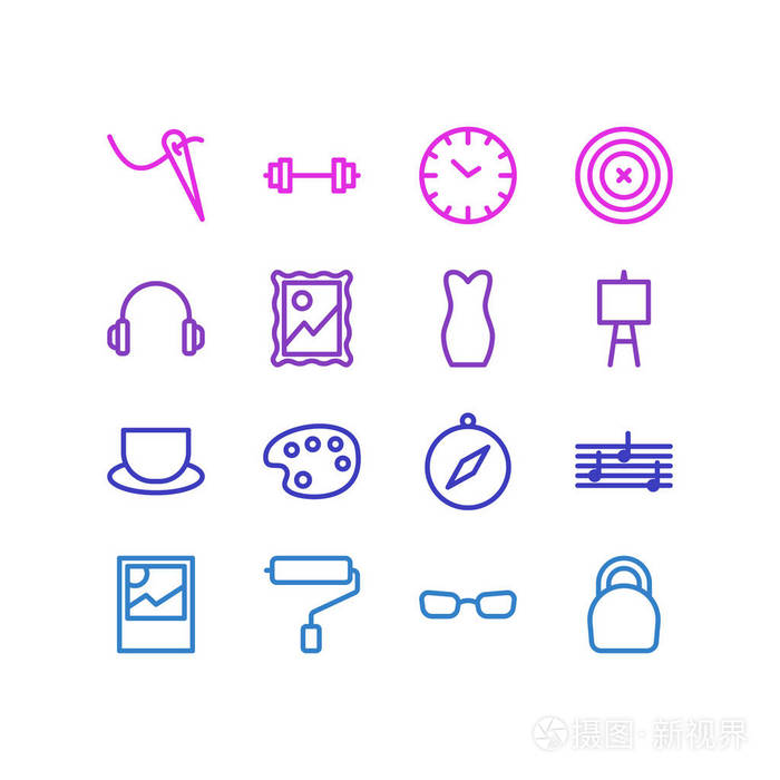 插图16爱好图标线风格.可编辑的耳机,图片,墙上画家和其他图标元素集