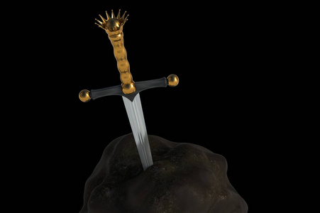 石剑在石头上孤立的黑色背景.3d 渲染插图照片
