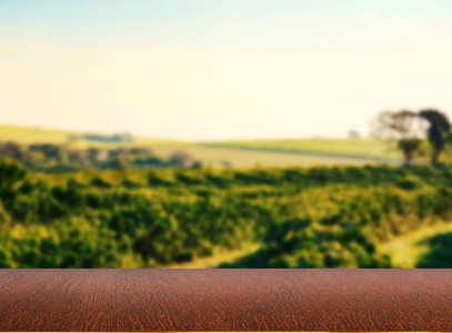 空木桌与咖啡种植园或木桌与农场散景背景的看法。文本空间