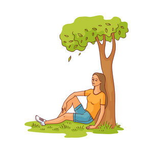 矢量素描年轻女子坐在树下