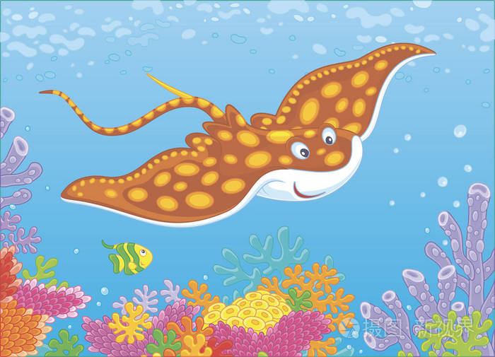 蝴蝶鱼在一个五颜六色的珊瑚礁在一热带海的蓝色水矢量例证以卡通样式