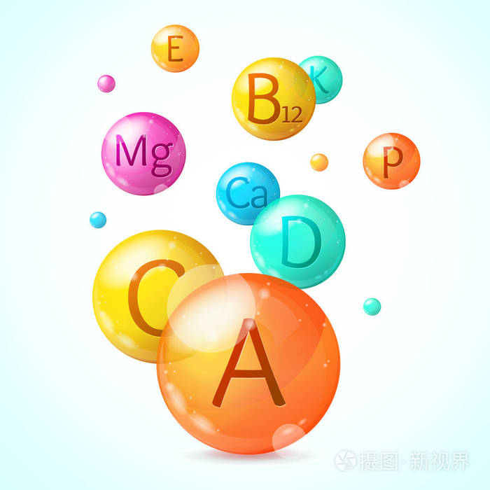 逼真详细的3d 维生素和矿物质背景卡. 矢量